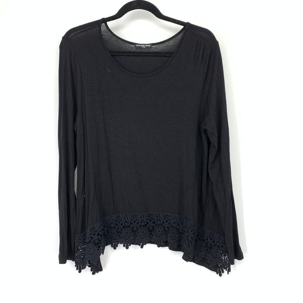 Cha Cha Vente Top Womens Large Black Long Sleeve Scoop Neck Crochet Lace Hem